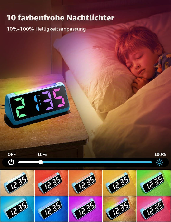 Wecker Digital, Digitaler Wecker Kinder mit Licht, Bunter LED Anzeige, 0-100% Helligkeitsdimmer, 2 A
