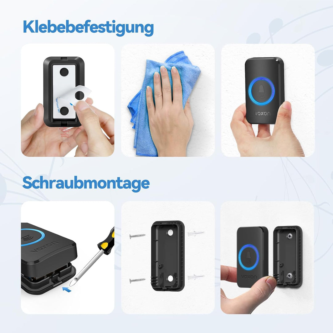 VOXON Funkklingel, 400m Reichweite Kabellose Türklingel Funk Set mit 2 Plug-In-Empfängern und 1 Send