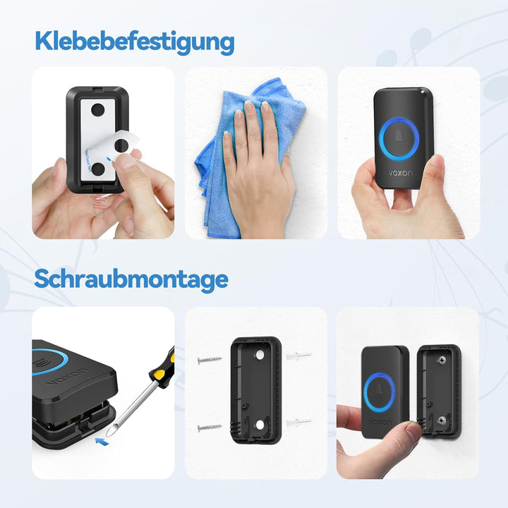 VOXON Funkklingel, 400m Reichweite Kabellose Türklingel Funk Set mit 2 Plug-In-Empfängern und 1 Send