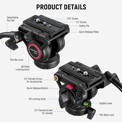 NEEWER Videostativ Fluidkopf mit Schnellwechselplatte, kompatibel mit Manfrotto,Teleskopgriff & Pano