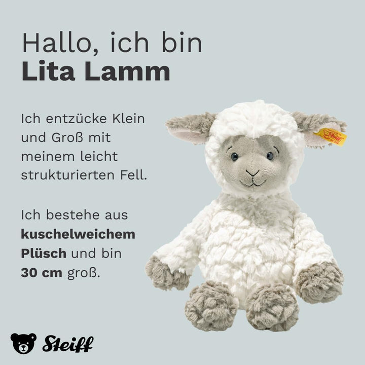 Steiff Lita Lamm weiss-braungrau 30 cm, Soft Cuddly Friends, weiches Stofftier Schaf, strukturiertes
