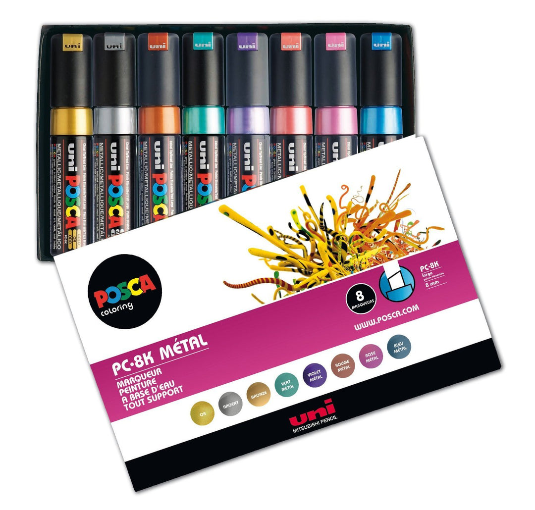 uni-ball 182609 - POSCA Marker mit breiter Keilspitze, 8er Set, metallic 8er Set - Metallicfarben, 8