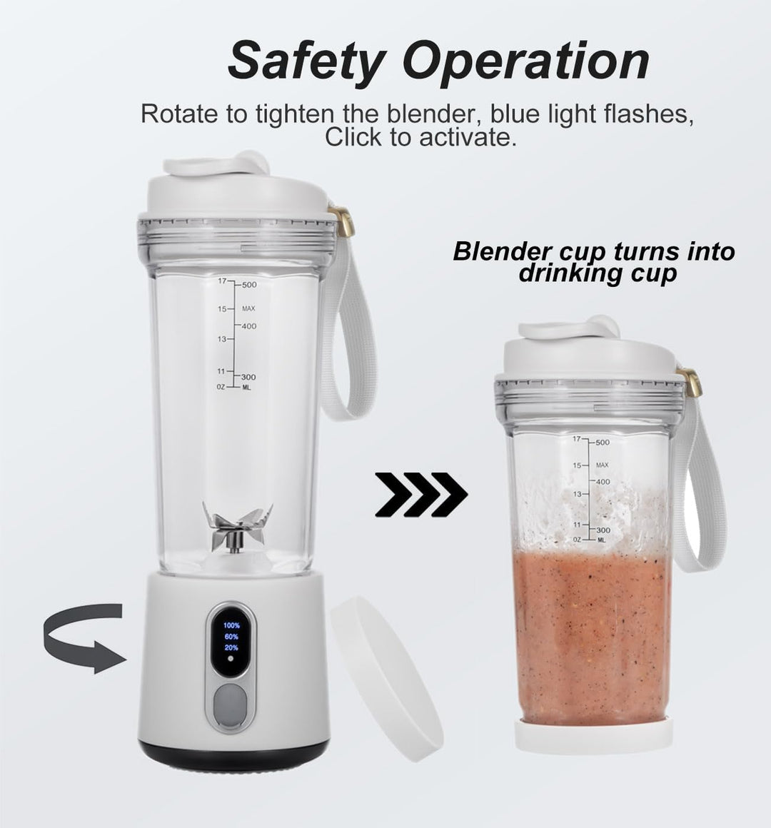 Tragbarer Mixer 500ml für Shakes Smoothies, USB-C Wiederaufladbarer 4000mAh, 6 Edelstahlklingen, Kab