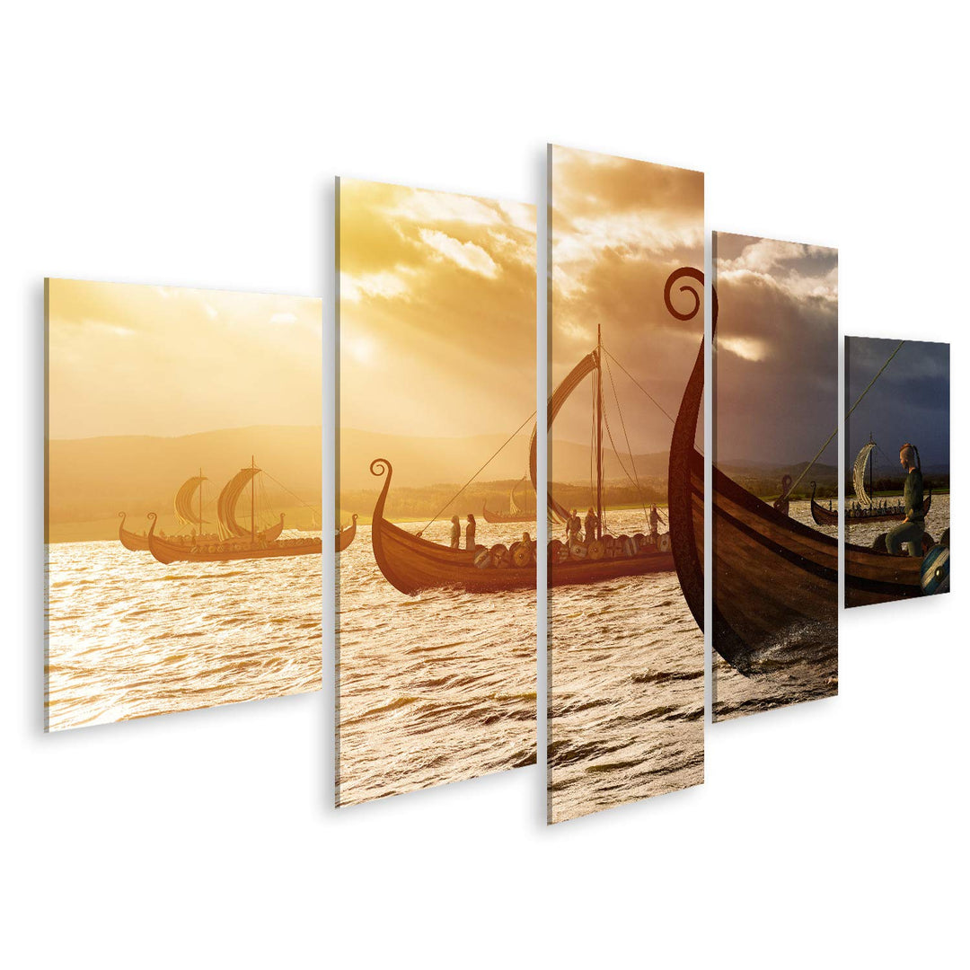 Bild auf Leinwand Wikinger Schiffe Auf Dem Wasser Unter Dem Sonnenlicht Und Dunklen Sturm Invasion I
