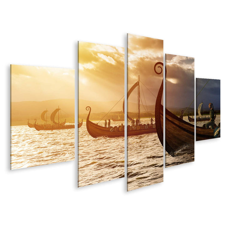 Bild auf Leinwand Wikinger Schiffe Auf Dem Wasser Unter Dem Sonnenlicht Und Dunklen Sturm Invasion I