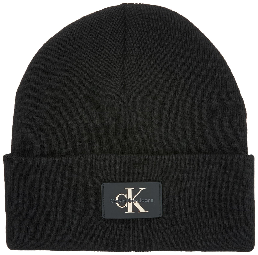 Calvin Klein Herren Monologo Patch Non-Rib Beanie Strickmütze Einheitsgrösse Schwarz, Einheitsgrösse