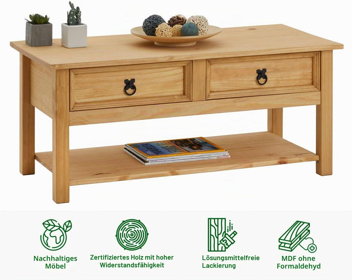 IDIMEX Couchtisch Tequila, schöner Beistelltisch mit 2 Schubladen, Wohnzimmertisch im Landhaus Stil,