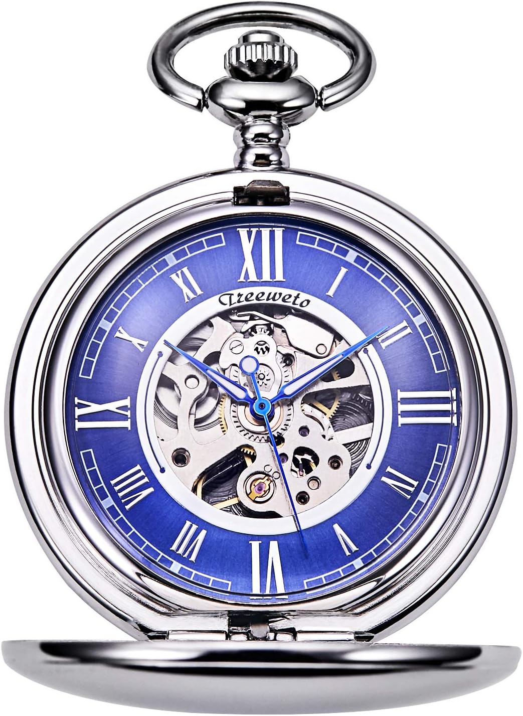 TREEWETO Pocket Watch - Smooth Double Case Series Skeleton Dial Delicate Mechanical Movement with Ch