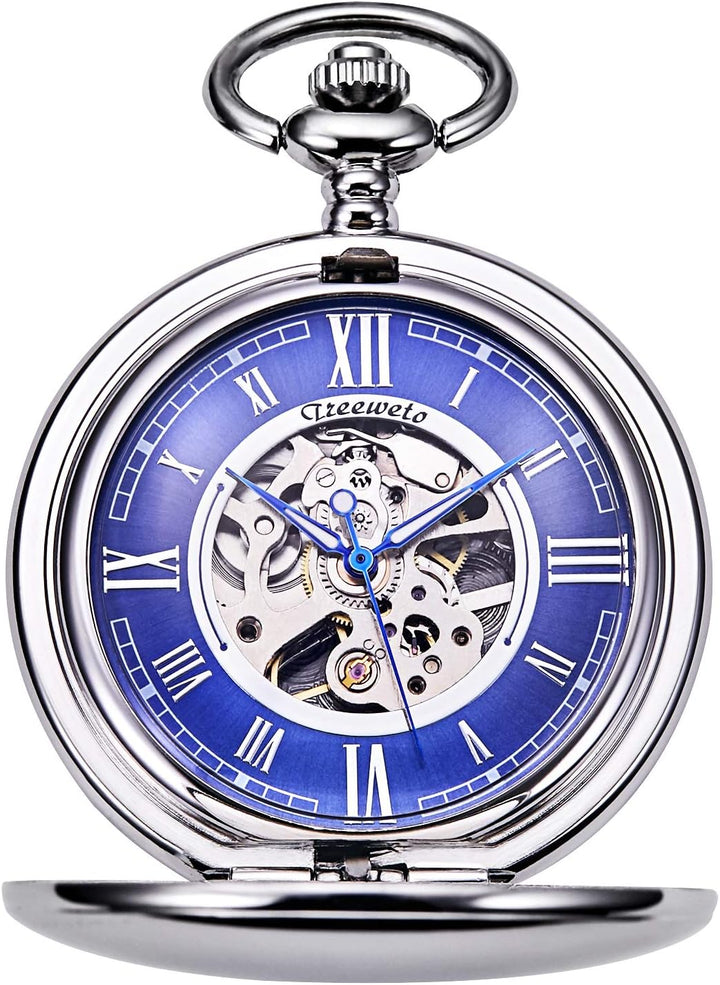 TREEWETO Pocket Watch - Smooth Double Case Series Skeleton Dial Delicate Mechanical Movement with Ch