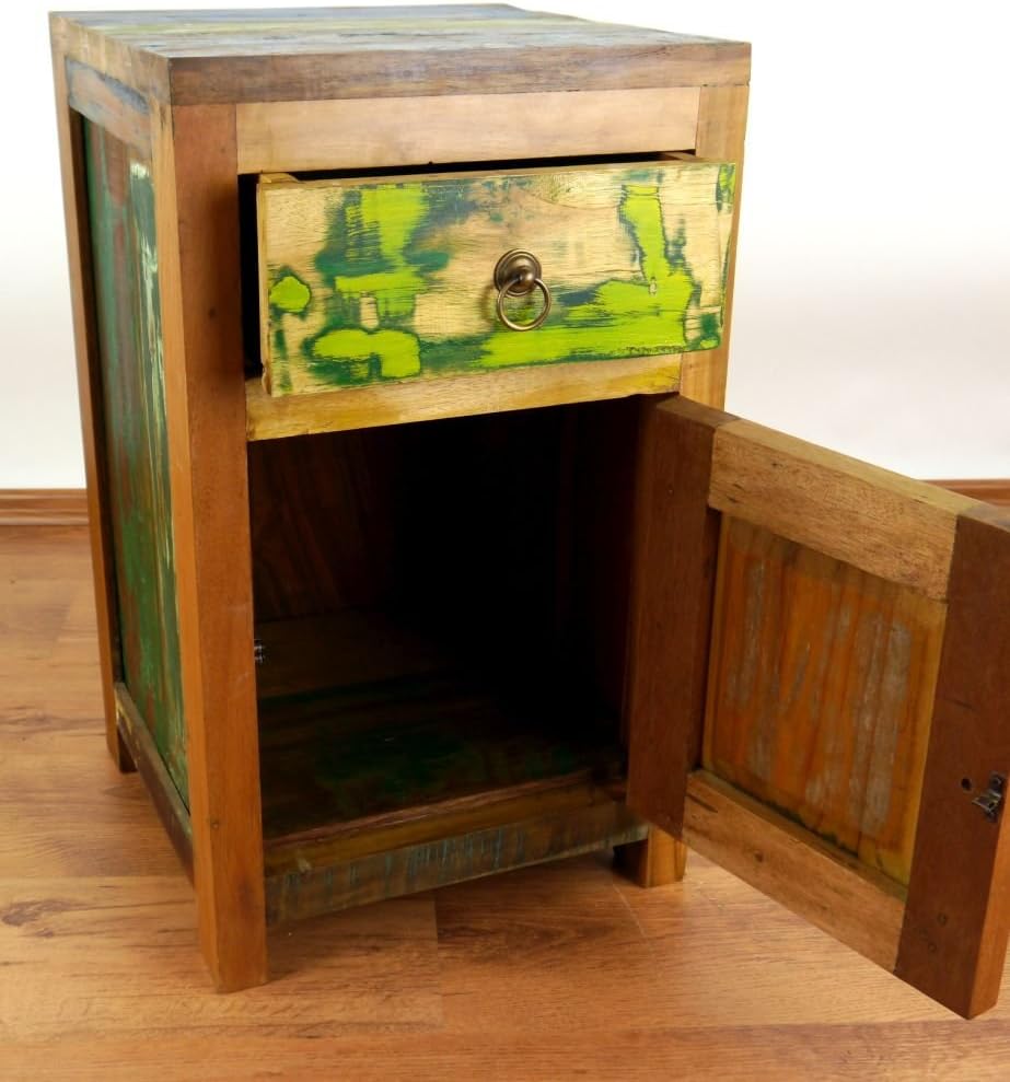 livasia Teakholz Nachtschrank aus Java | Recyceltes buntes Bootsholz | Asiatische Möbel | Designer M