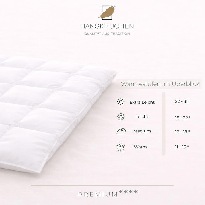 Hanskruchen® Premium **** Daunendecke 200x220 cm - MEDIUM/Ganzjahres - Made in Germany Kassettendeck