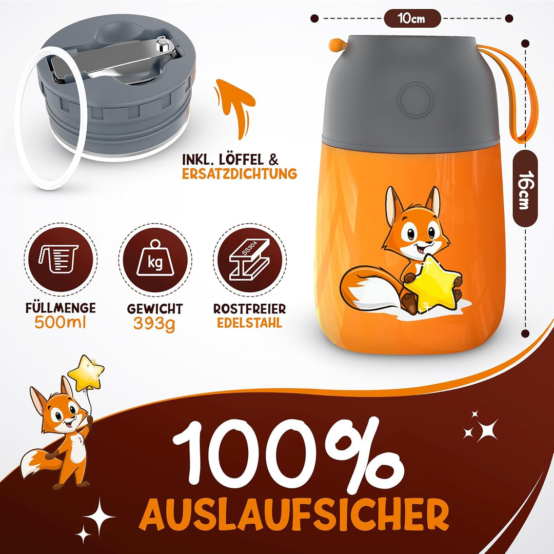 Thermobehälter für Essen Kinder – 500ml, Orange Fuchs – 100% auslaufsicher - Warmhaltebehälter Essen