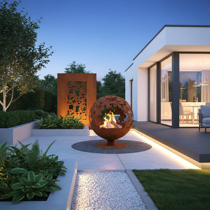 Jet-Line Feuerstelle World Firebowl Kugel in Rostoptik Motiv Blätter 58 x 58 x 66 cm Feuerball Garte