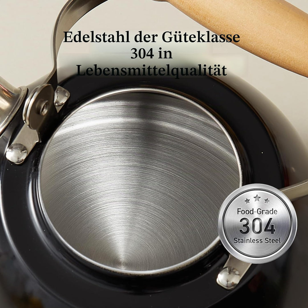 Wasserkessel Induktion, Flötenkessel für alle Herdarten, Edelstahl Teekessel Camping mit Holzgriff,