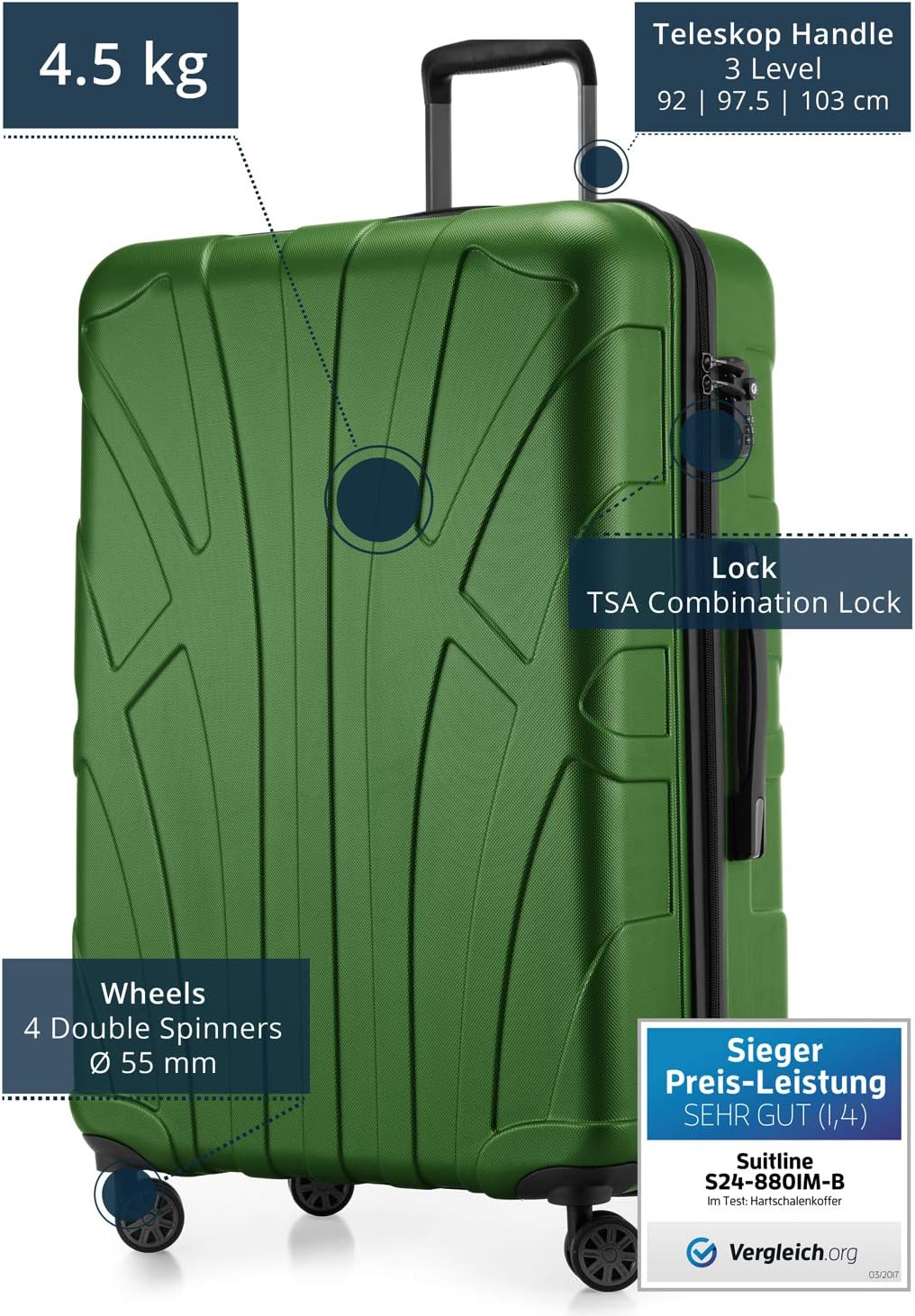 suitline grosser Hartschalen-Koffer Koffer Trolley Rollkoffer XL Reisekoffer, TSA, 76 cm, ca. 96-110