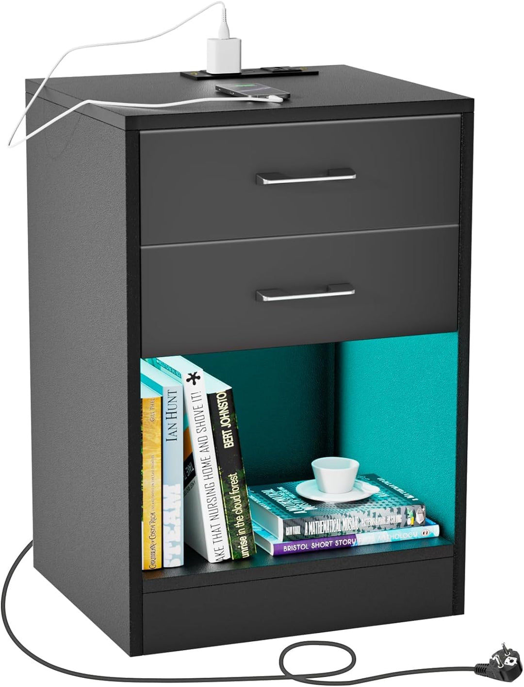 PIPIPOXER Nachttisch mit Steckdose & USB, Moderner Nachtschrank mit Led, Nachtkommode mit 2 Schublad