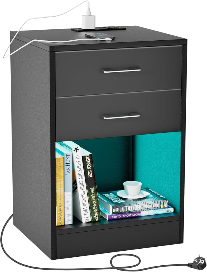PIPIPOXER Nachttisch mit Steckdose & USB, Moderner Nachtschrank mit Led, Nachtkommode mit 2 Schublad