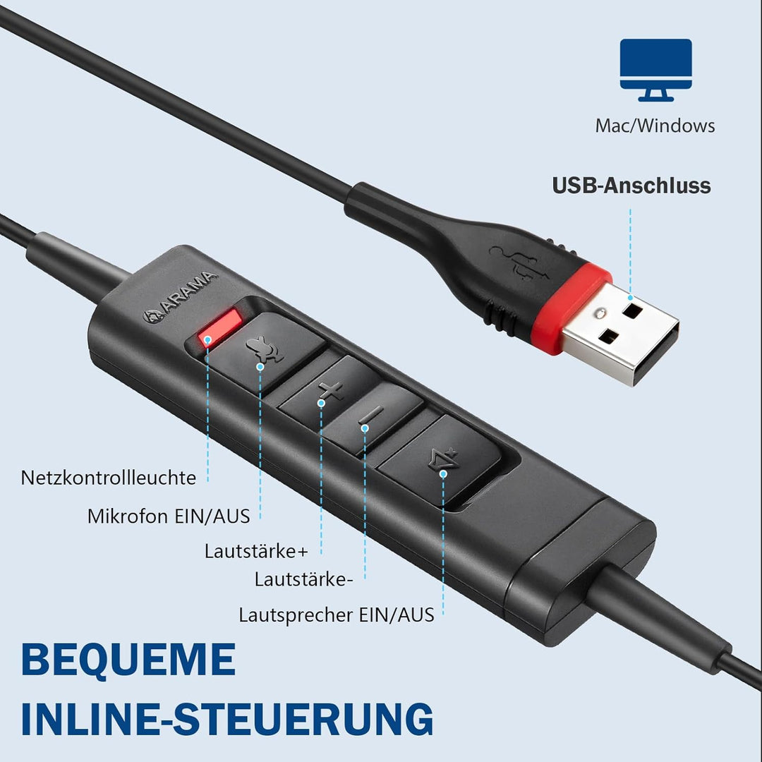 Arama USB Headset mit Mikrofon Noise Cancelling, Mono PC Kopfhörer für Laptop Computer Business Büro