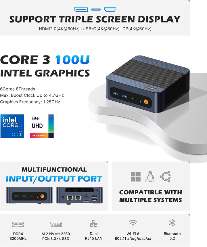BOSGAME E7 100U Intel Core i3 Mini-PC, 16 GB DDR4, 512 GB PCIe 3.0 | 4,7 GHz, Mini-Desktop-PC mit Du