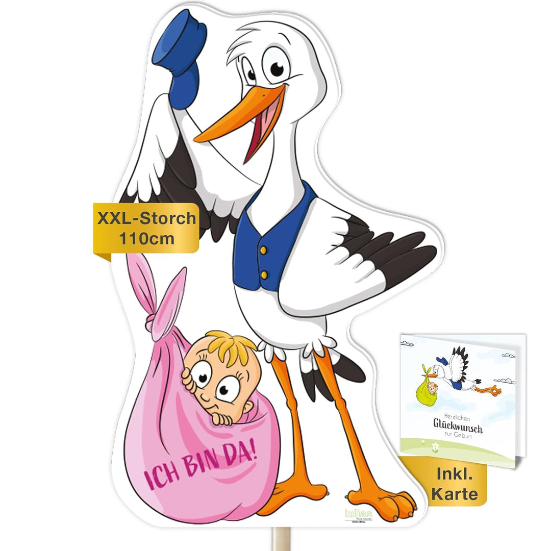 XL Storch zur Geburt Willkommen Baby I rosa Geschenk Mädchen I SET: Geburtsstorch + Stab aus Holz +