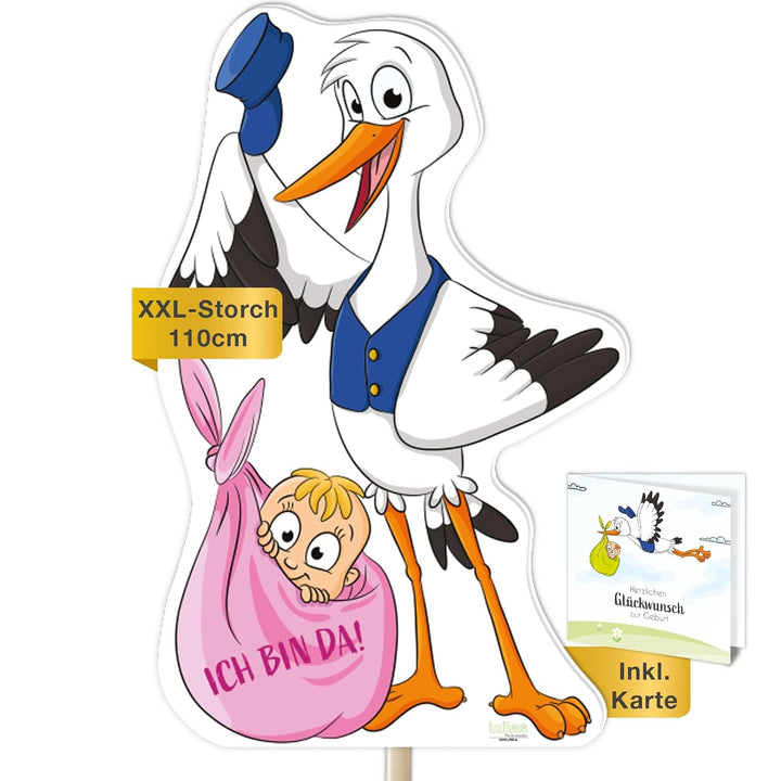XL Storch zur Geburt Willkommen Baby I rosa Geschenk Mädchen I SET: Geburtsstorch + Stab aus Holz +
