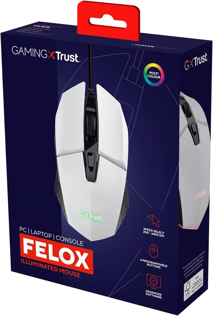 Trust Gaming GXT 109W Felox Gaming Maus mit 6 Programmierbare Tasten, Mehrfarbige LED-Beleuchtung, 2