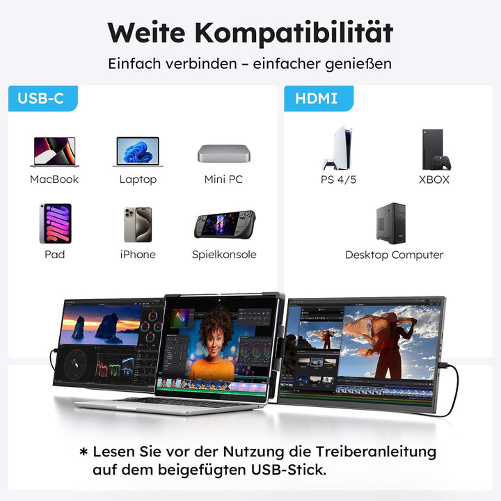 15.6" Laptop Screen Extender, FHD 1080P IPS Laptop Bildschirm Erweiterung, Plug & Play Triple Displa