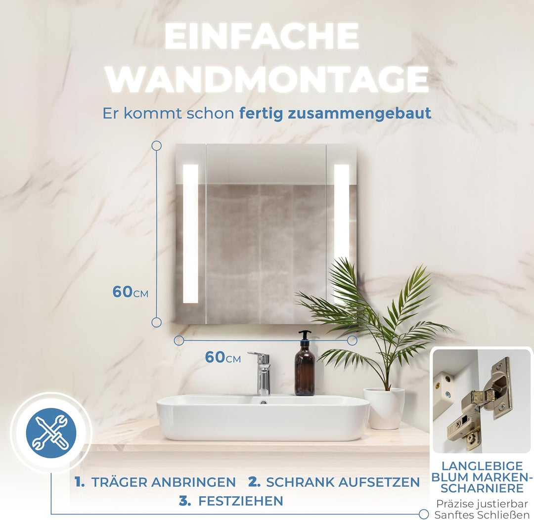 HAPA Design Bad Spiegelschrank mit Beleuchtung und Steckdose Venedig. Austauschbare LED Beleuchtung
