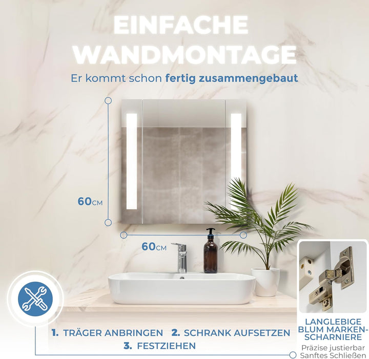 HAPA Design Bad Spiegelschrank mit Beleuchtung und Steckdose Venedig. Austauschbare LED Beleuchtung