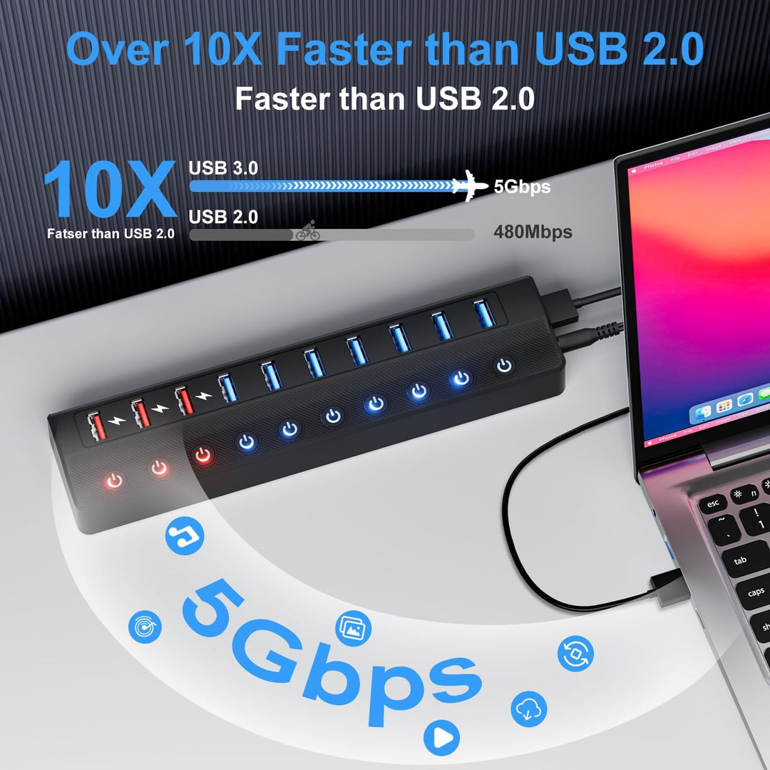 Ziumier USB Hub 3.0 Aktiv mit Netzteil, 10 Ports 36W USB Verteiler(3 Schnellladeanschlüsse + 7 USB H