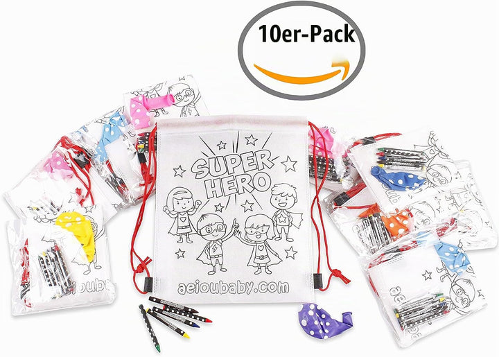 aeioubaby.com 10 Rucksack zum Ausmalen | 10 einzelne Taschen mit 5 bunten Wachsmalstiften und Luftba