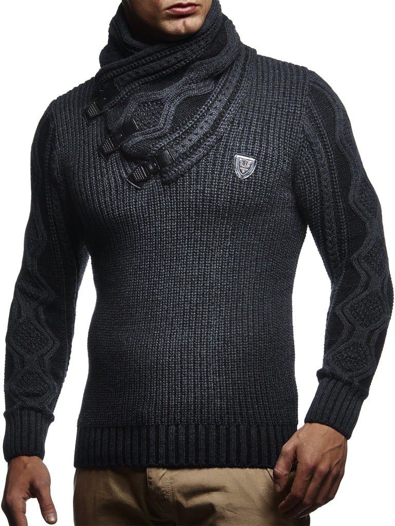 Leif Nelson Herren Strick-Pullover Schalkragen Slim Fit Winter Sommer Moderner Männer schwarzer Pull