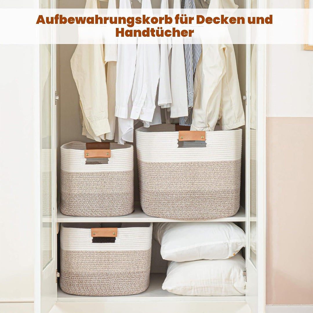 danpinera Grosser Deckenkorb für Wohnzimmer, gewebter Aufbewahrungskorb mit Ledergriffen, Baumwollse