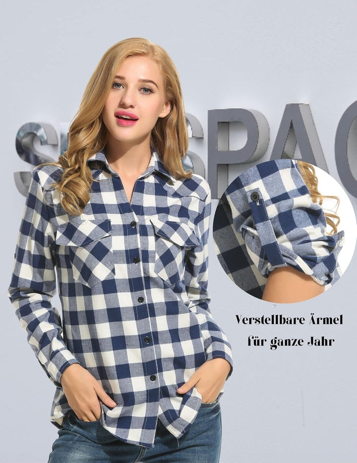 UNibelle Damen Kariertes Hemd mit Knopfleiste Kurz/Langarm Oktoberfest Bluse Karo Tunika Baumwolle T