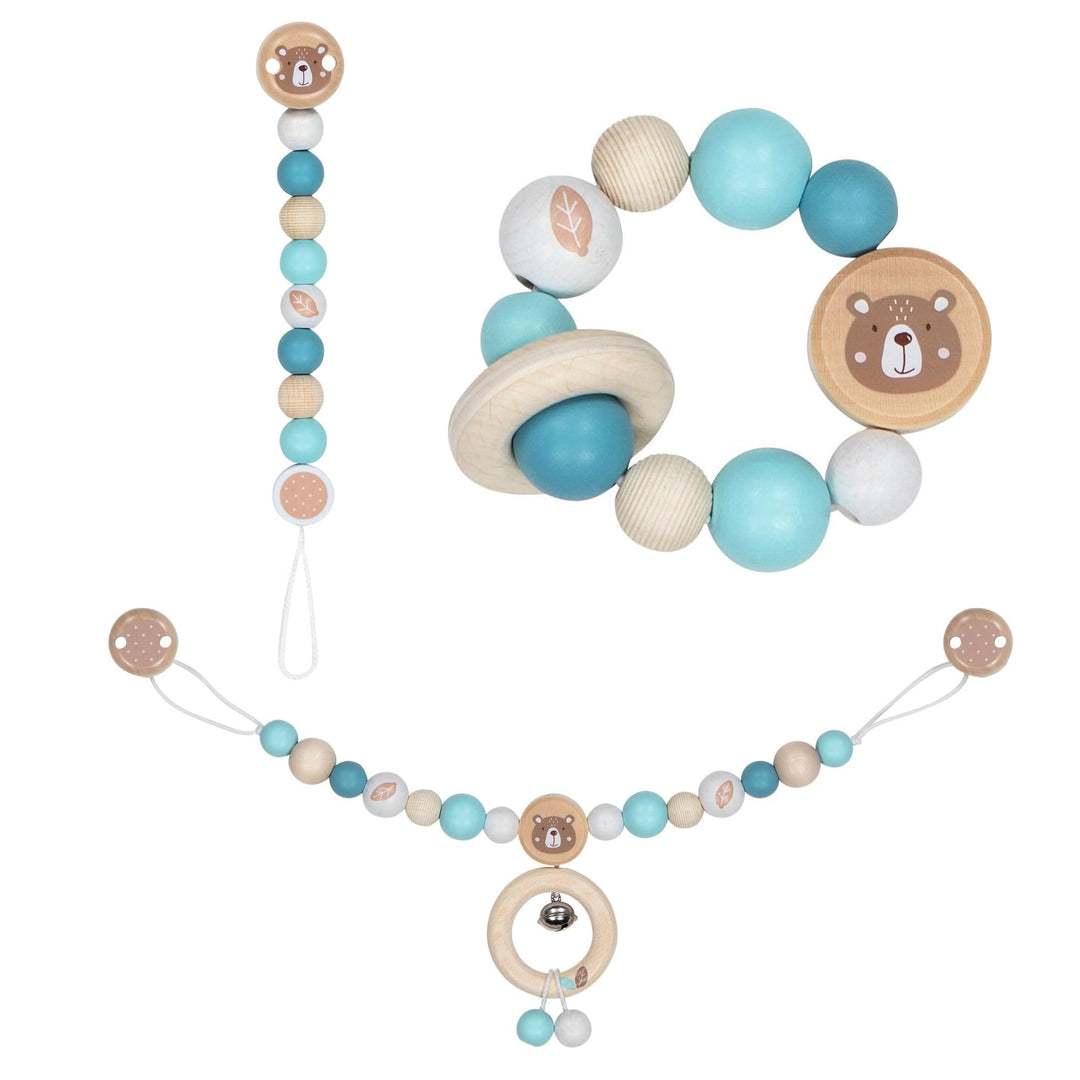 goki 6625 - Baby Greifspielzeug Set Bären, 3-teilig mit Kinderwagenkette, Schnullerkette und Greifli