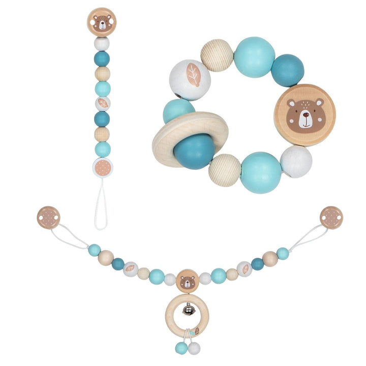 goki 6625 - Baby Greifspielzeug Set Bären, 3-teilig mit Kinderwagenkette, Schnullerkette und Greifli