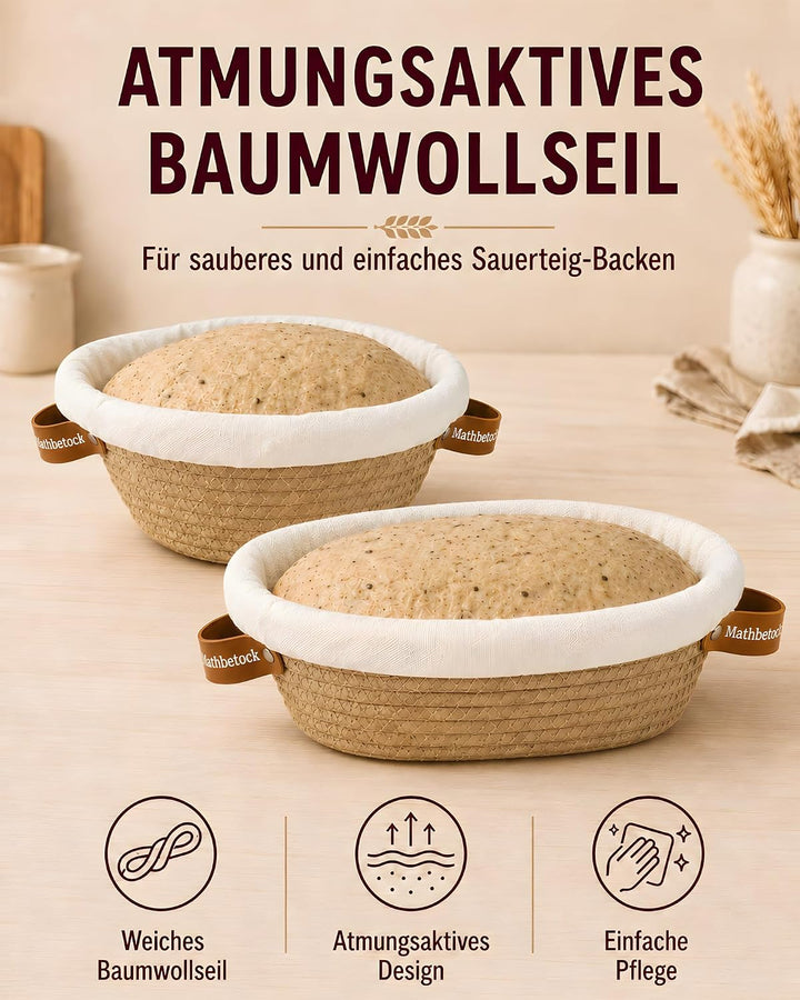 Banneton Gärkörbchen Set Sauerteig, Brot Gärkorb Set aus Baumwollseil mit 23 cm rundem Gärkörbchen u