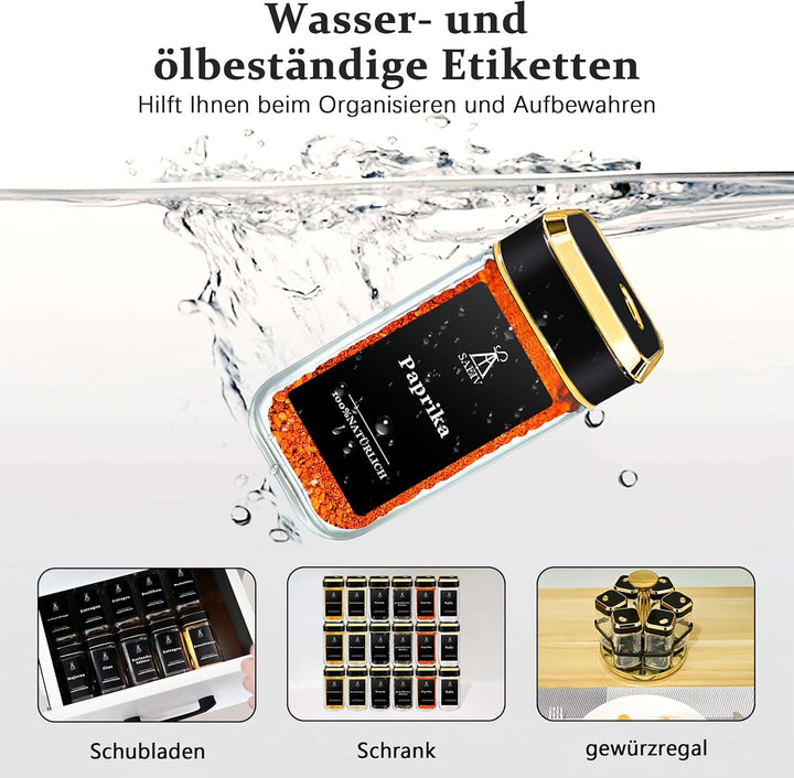 SIAZIH Gewürzstreuer mit Edel Schwarzgoldener Deckel, Gewürzgläser Gold (12x120ml), Gewürzbehälter S