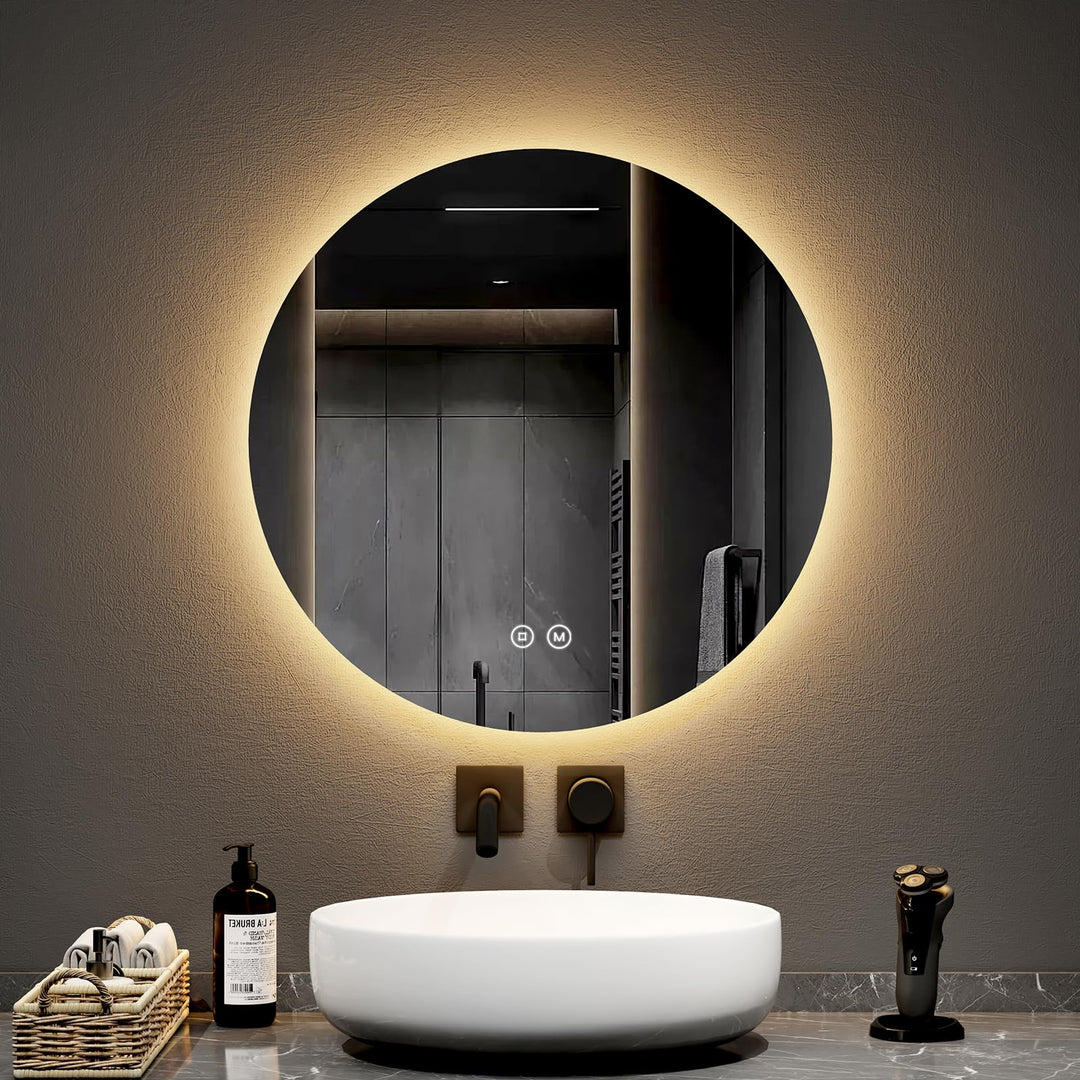 EMKE Badspiegel mit Beleuchtung rund 60cm Durchmesser Badezimmerspiegel mit 3 Lichtfarbe dimmbar, Sp