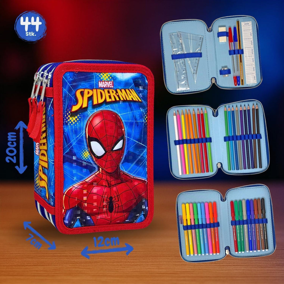 Clondo 3D Federmäppchen mit 3 Fächern für Kinder, für Spiderman Fan A, dreifach gefüllt, 44 Schulzub