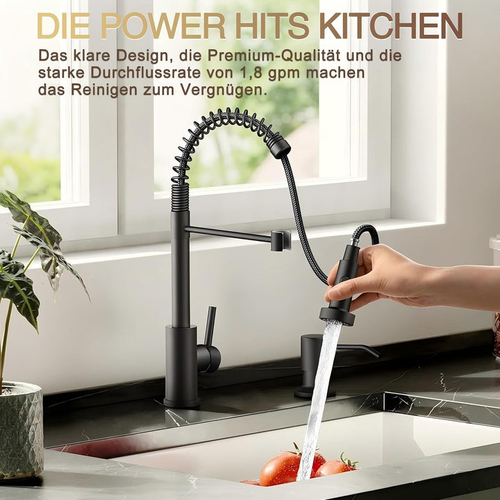Wasserhahn Küche Schwarz - Hochdruck Küchenarmatur Ausziehbar - 360°Drehbar 3 Sprühfunktionen - Spir