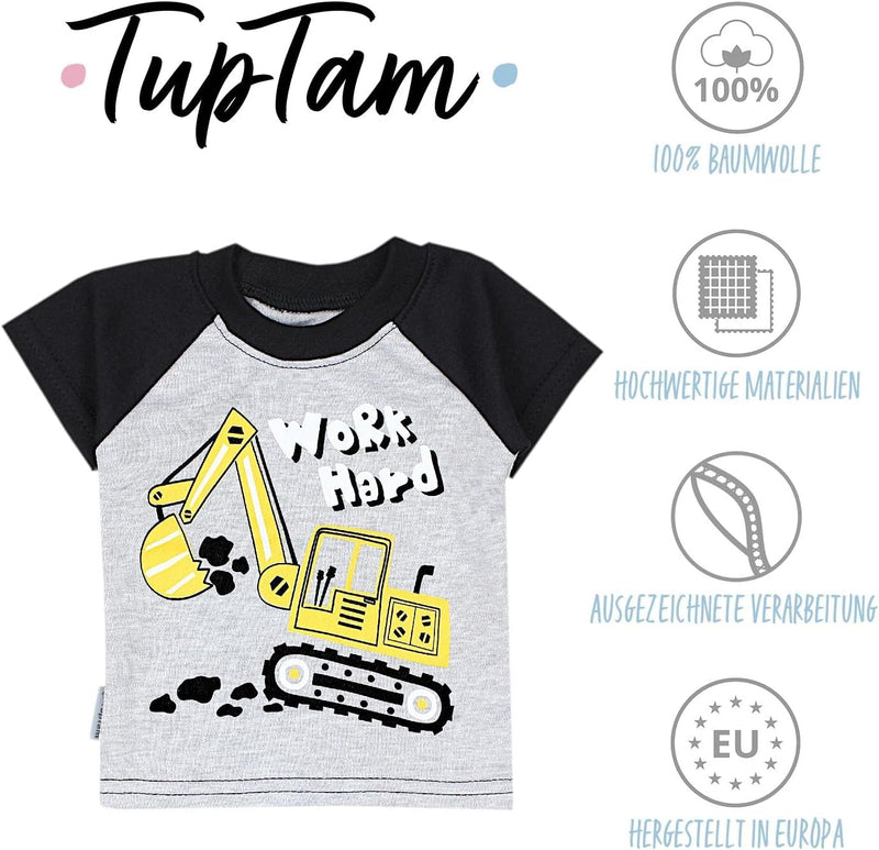 TupTam Baby Jungen Kurzarm T-Shirt mit Aufdruck Unifarben Sterne Streifen 5er Set 80 Bagger Monster