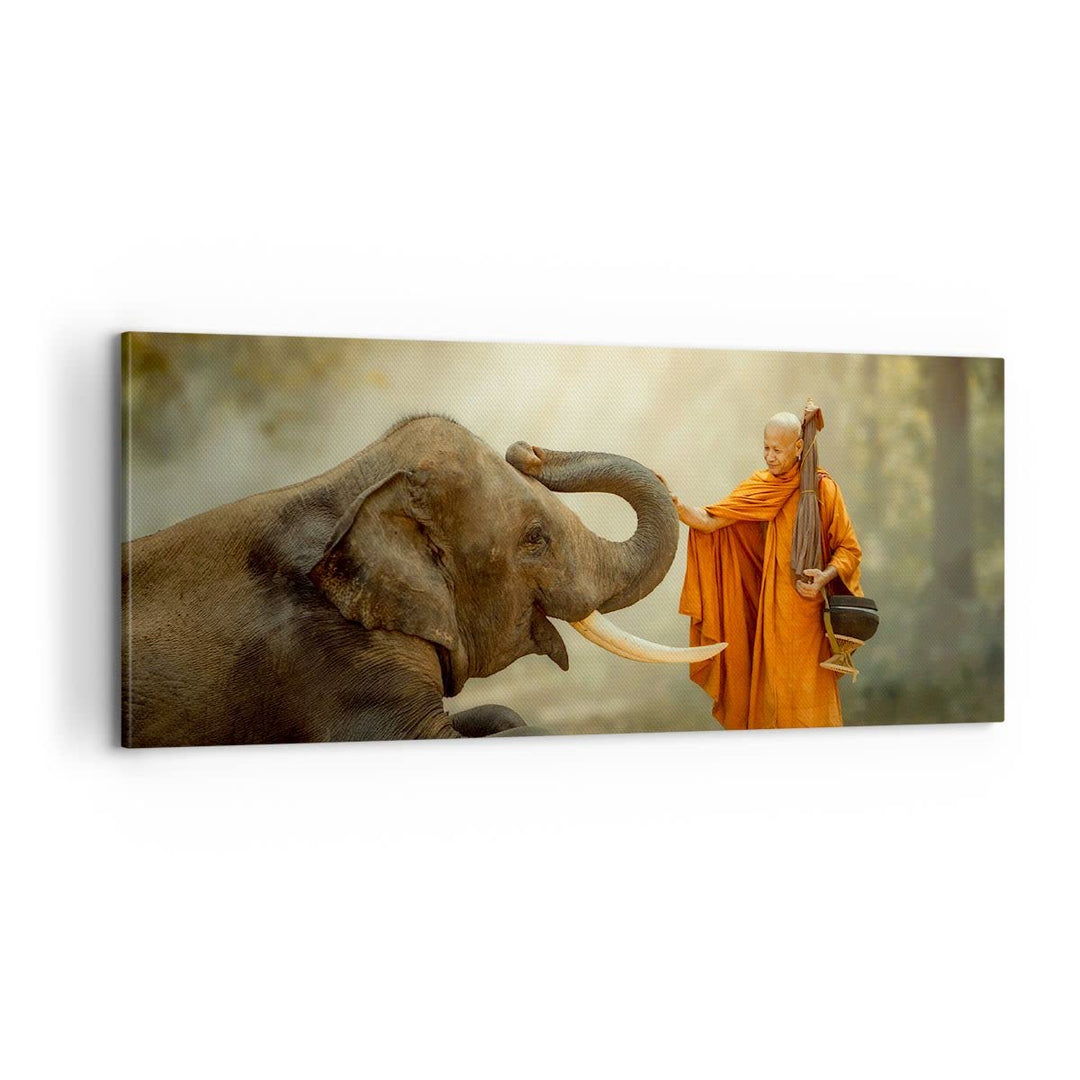Panorama Bilder auf Leinwand 100x40cm Leinwandbild Elefant Mönch Stosszahn Gross Wanddeko Bild Schla