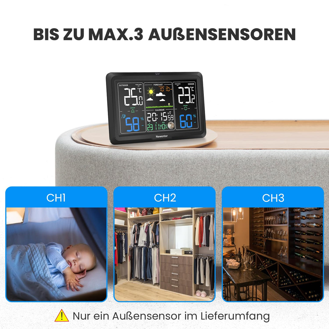Newentor Wetterstation Funk mit Aussensensor - Lebenslange Aussensensor-Garantee - Lebendiges VA-Dis