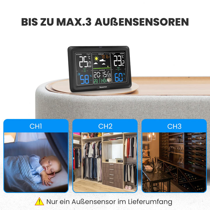 Newentor Wetterstation Funk mit Aussensensor - Lebenslange Aussensensor-Garantee - Lebendiges VA-Dis