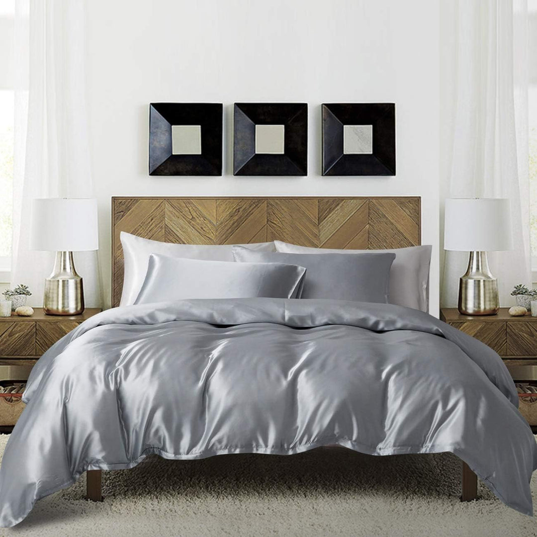 Damier Bettwäsche 220x240cm Grau Glänzend Einfarbig Bettwäsche Set 3 Teilig Hochwertiges Satin Decke