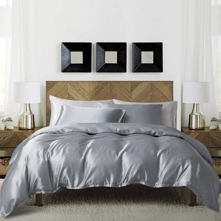Damier Bettwäsche 220x240cm Grau Glänzend Einfarbig Bettwäsche Set 3 Teilig Hochwertiges Satin Decke