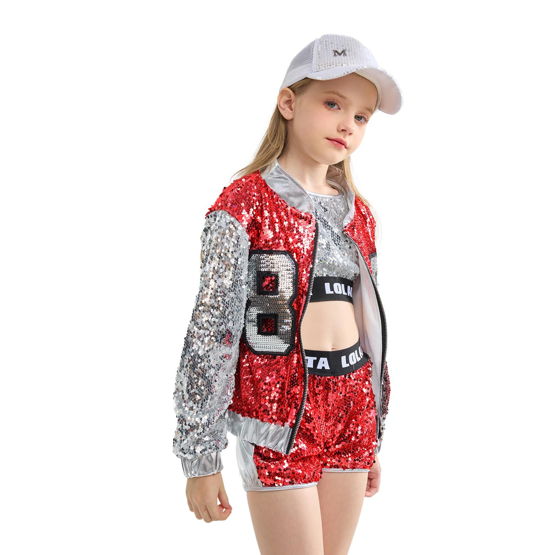 LOLANTA 4 Stück Mädchen Hip Hop Tanz Kostüm Kinder Pailletten Jazz Tanz Kleidung Set Socken angebrac