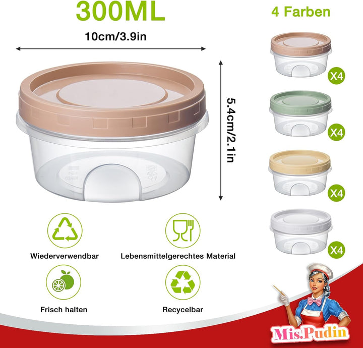 16er Frischhaltedosen mit Deckel Klein 300ml, Gefrierdosen Klein Rund, Wiederverwendbar Kleine Dosen