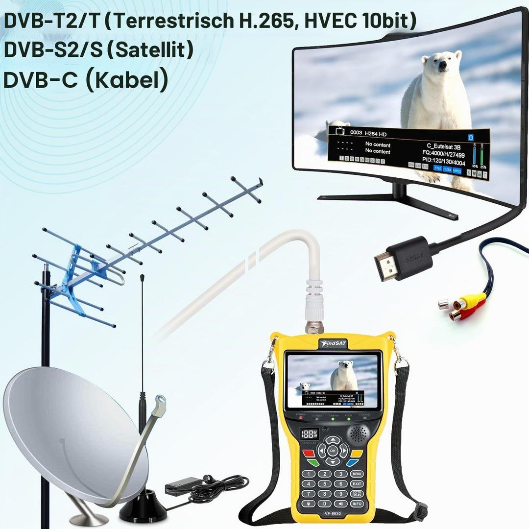 VF9930 Max Sat Finder HVEC 10bit, Satelliten Finder mit Bildschirm 4,3" LCD und TV DVB-S2/S/T2/T/C E